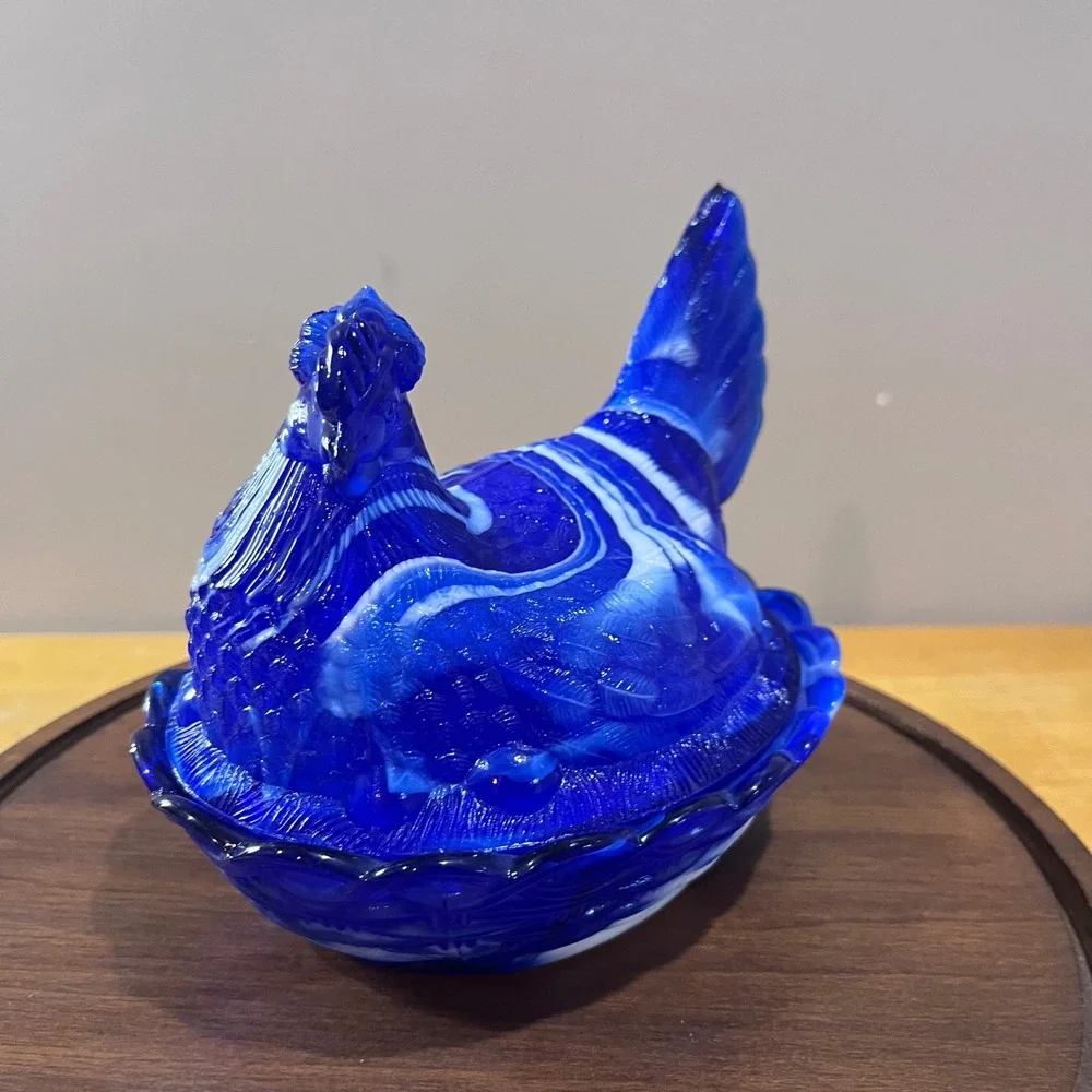 Vtg LG Wright Blue Slag Glass Hen on Nest Farmhouse Marbled READ 5.5in